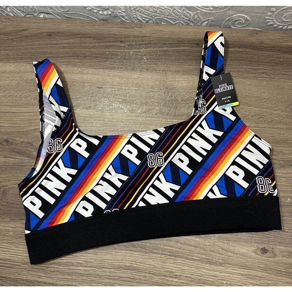 PINK Victoria’s Secret Ultimate Sport Bra Rainbow 86 Stripe Large NWT Logo